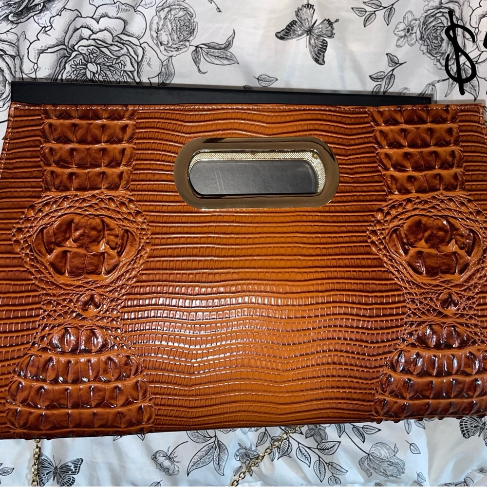 ❌SOLD❌ Brown and Silver Crocodile-Embossed Clutch with Metal Handle